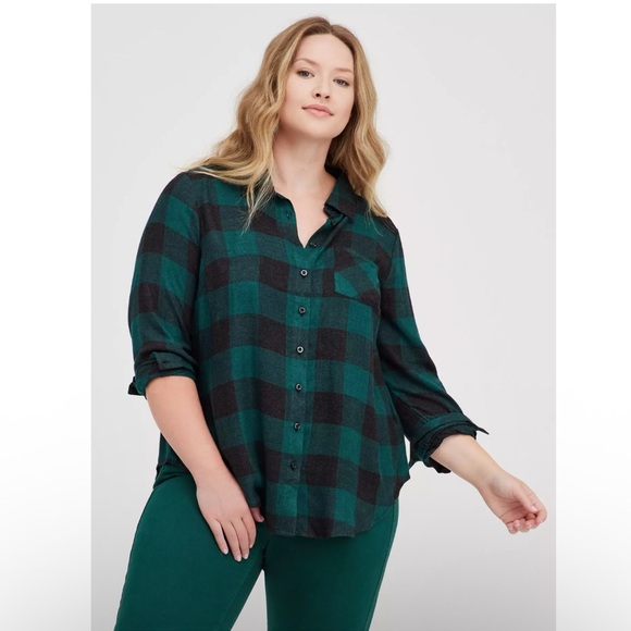 torrid Tops - Torrid Green Gingham Soft Spring Long Sleeve Flannel Shirt Womens Large XL 1X